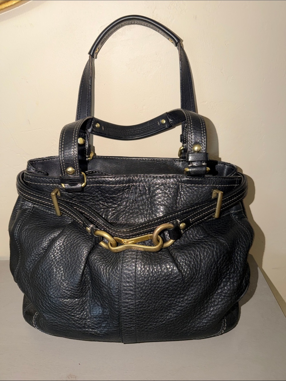 Coach Black Pebbled Leather Shoulder Bag with Brass Hardware
